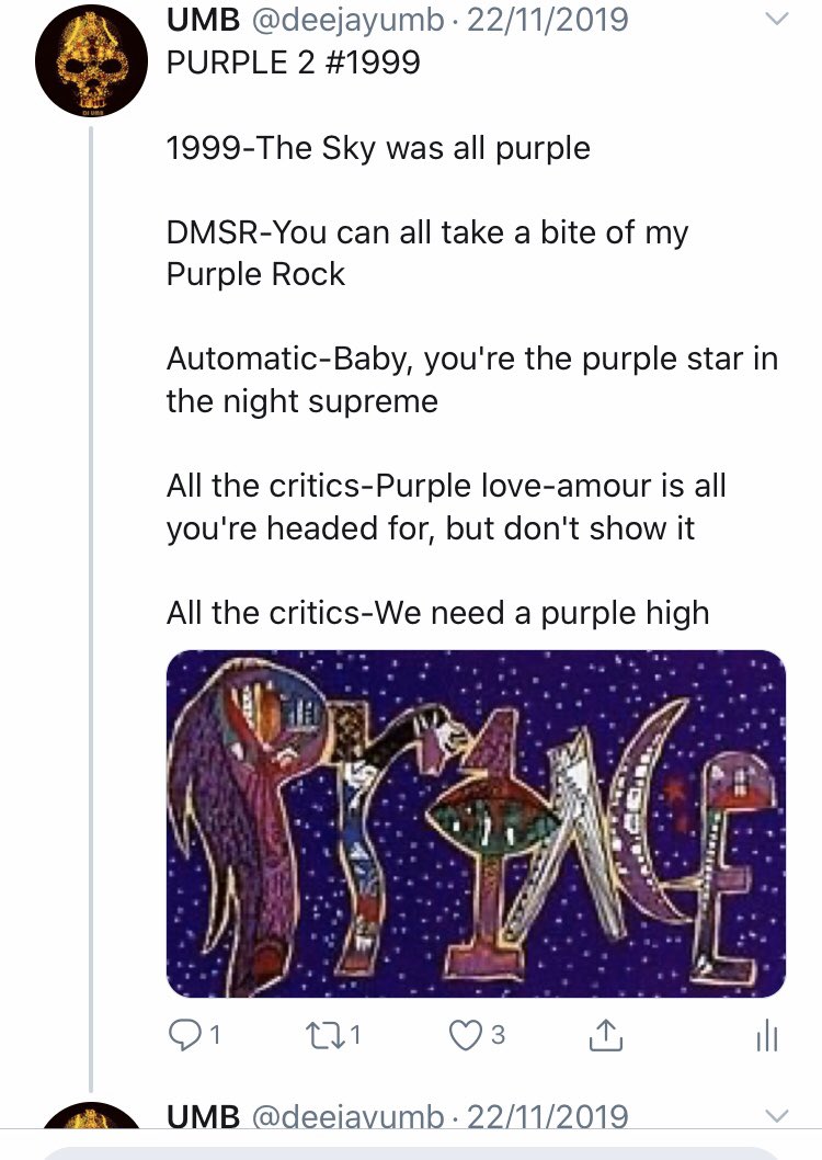Or is it from America’s “Ventura Highway”:“Waitin' for the early trainSorry boy, but I've been hit by purple rain"Prince first used ‘Purple’ on a song title in “Purple Music” (May 82).On 1999 ‘Purple’ really came to the fore & was mentioned on no less than 5 tracks:
