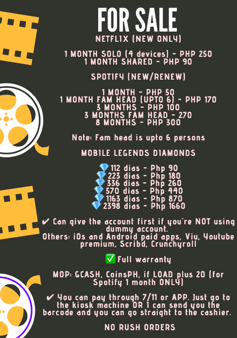prem_netspot's tweet photo. FOR SALE

Netflix NEW 1mo
Solo - 250
Shared - 90

Spotify NEW or RENEW
1mo - 50
1mo fam head - 170
3mos - 100
3mos fam head - 270
8mos - 300

Others see pic.

MOP: Gcash &amp; LOAD (w additional) :D

#netflixph #spotifyph #netflixpremiumph #spotifypremiumph https://t.co/fySjFjlom0