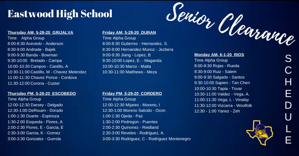 EastwoodHQ's tweet photo. 📢 Senior Clearance Schedule 📢 https://t.co/qo9eMvBjbR
