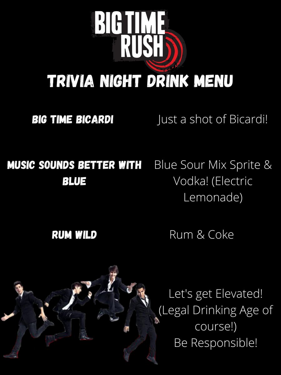 btrfanzoom's tweet photo. ANNOUNCEMENT #1: We have created a few BTR themed drinks for our legal drinking ages to enjoy during our #BTRTriviaNight :) Be sure to join us on Friday May 22nd! Pre party starting at 8 pm EST with trivia beginning @ 8:30 pm EST! @bigtimerush https://t.co/sykf1mGhHE
