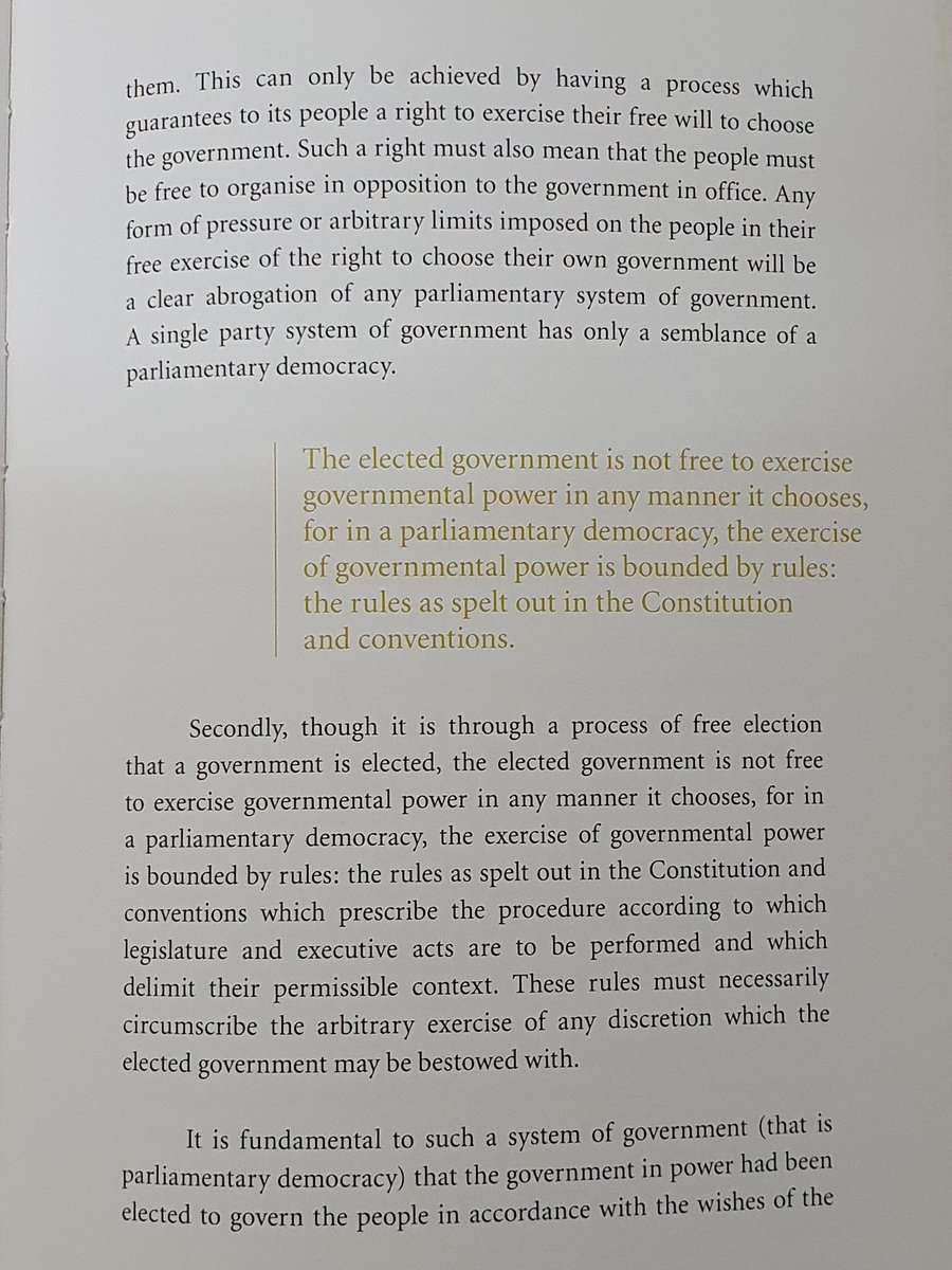 "a single party system has only a semblance of parliamentary democracy""Government is not free to excercise governmental power in any manner it chooses..bounded by constitution and conventions..which delimit their permissable context"