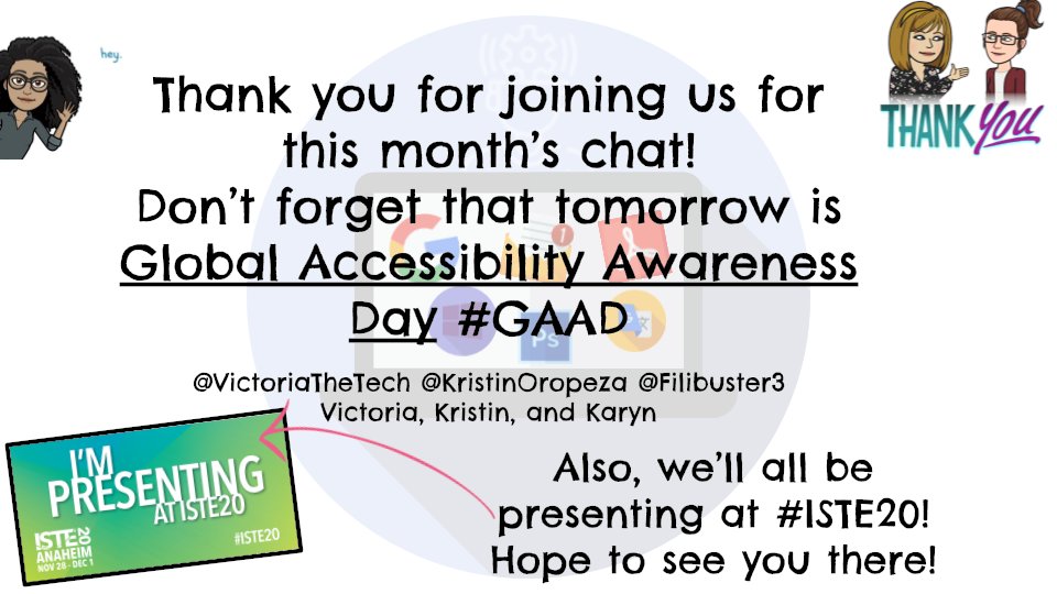 KristinOropeza's tweet image. Thank you for joining us for this month’s chat! Don’t forget that tomorrow is Global Accessibility Awareness Day! #GAAD #SpEdTechChat #HybridEDU