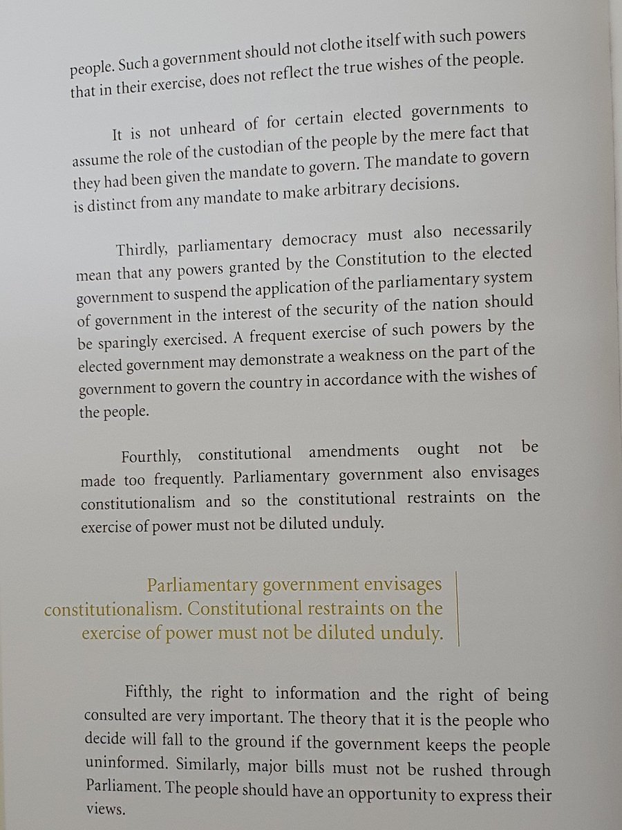 "Mandate to govern is distinct from any mandate to make arbitrary decisions""frequent excercise of such application of power (to suspend parliamentary democracy) by elected government may demonstrate weakness on part of governmemt to govern.."
