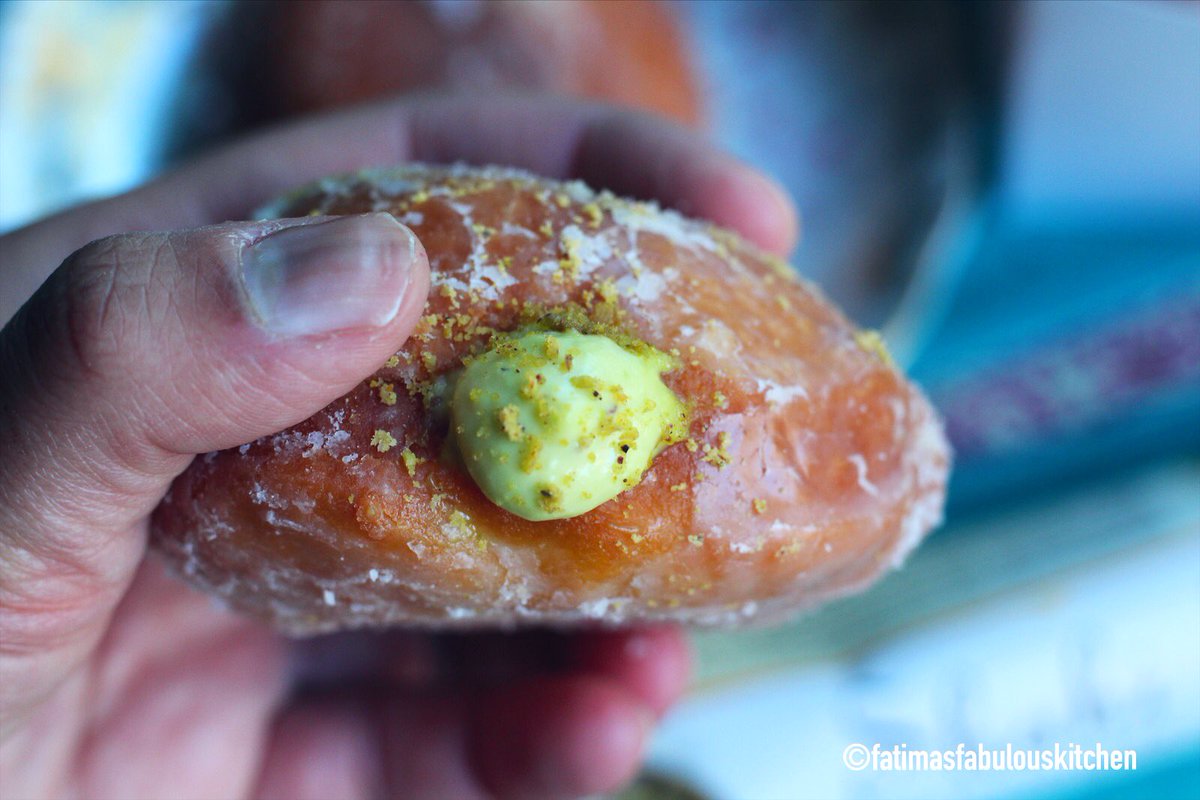 Queen_FatimaS's tweet photo. Alright I’m calling these my “Kulfi Kreme Doughnuts” because I made the filling out of real kulfi! Malai, pistachio, and mango fillings pictured below. Absolutely delicious and perfect for Eid! https://t.co/ONLRtsFDWD