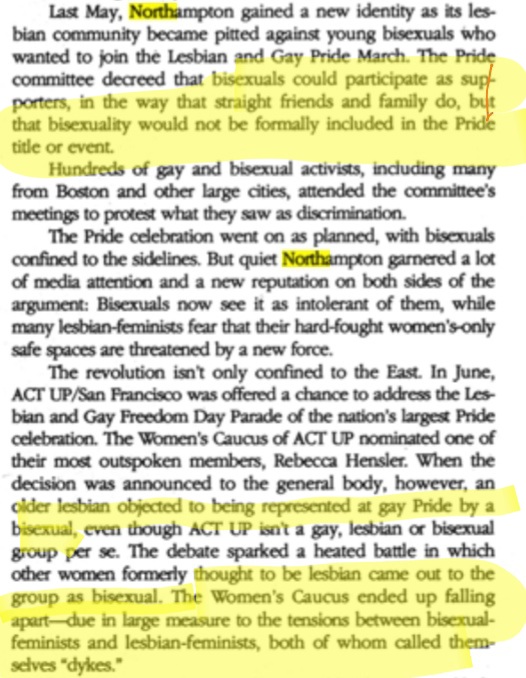 Another  #BiHistoryMonth Fun Fact: The "bi lesbian" Battle Of The Labels isn't new.These excerpts are from a Feb 6, 1992 Outweek article.Also not new: This is really about whether bi women are allowed into the lesbian community: how much? Under what conditions? When and where?