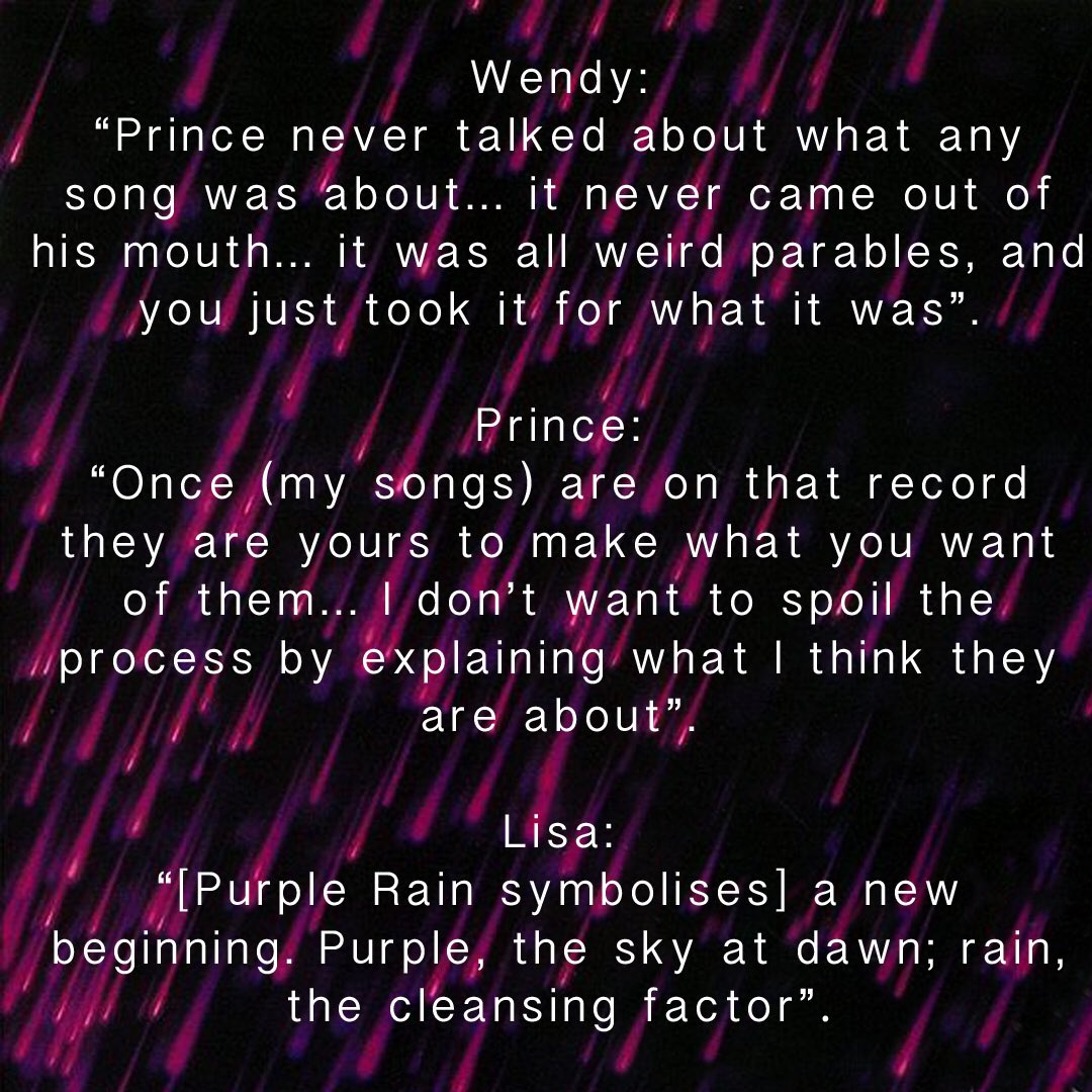 In his unpublished liner notes for the hits, he bypassed both LGC & PR with a blank entry.Wendy, Lisa & Prince said the following about the meaning for Prince’s songs & for Purple Rain: