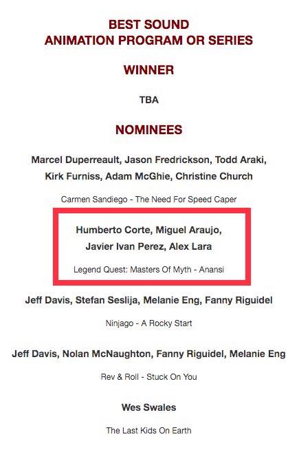 GAMAnimation's tweet photo. Congratulations to my compadre @Betocgz and all of his awesome team at @ParlanteSound for the @LeoAwards #nomination for the amazing #SoundDesign made for #LegendQuest #MastersOfMyth! You guys took our humble show to a whole new level! https://t.co/Dl28WCn7VD