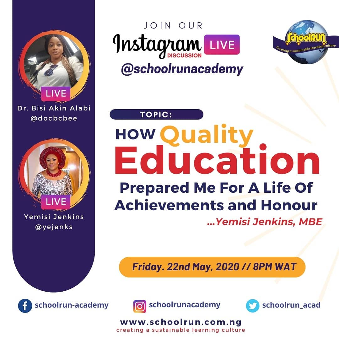 wwncoop's tweet photo. Join my dear sister Dr. Bisi Akin Alabi @educassembly as she moderates this session of #SchoolRunAcademy on Instagram
Date: Fri, May 22nd
Time: 8 pm WAT
Guest: Yemisi Jenkins, MBE
#Quality #Accessible #Equitable #Relatable #Affordable #Relevant #CharacterBased #Education4All https://t.co/o5XOd1vfyq