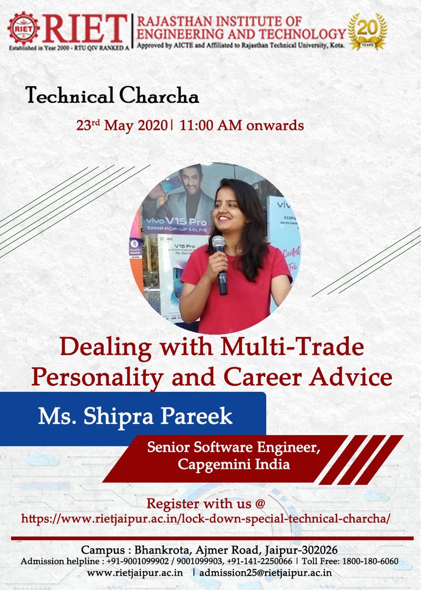 RIET_JAIPUR's tweet photo. 23rd May 2020 we shall be having a session with one of our alumni Ms. Shipra Pareek, working as Senior Software Engineer, Capegemini. Her topic is "Dealing with Multi-Trade Personality and Career Advice". 
Registration link : https://t.co/jcyxcIYCL0…/
#rietjaipur #LearnNonStop https://t.co/NlAnHmlzdh
