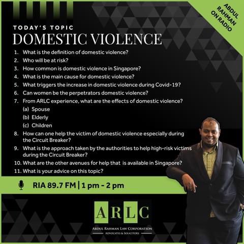 There's a rise in Domestic Violence during the Circuit Breaker period. 

Tune in today to <a href="/RIA897/">Mediacorp Ria 897</a> at 1 pm today — Abdul Rahman will be speaking on the topic of 'Domestic Violence'. #lawyerrahman #encikrahman #arlc #sgunited #circuitbreaker #domesticviolence #law
