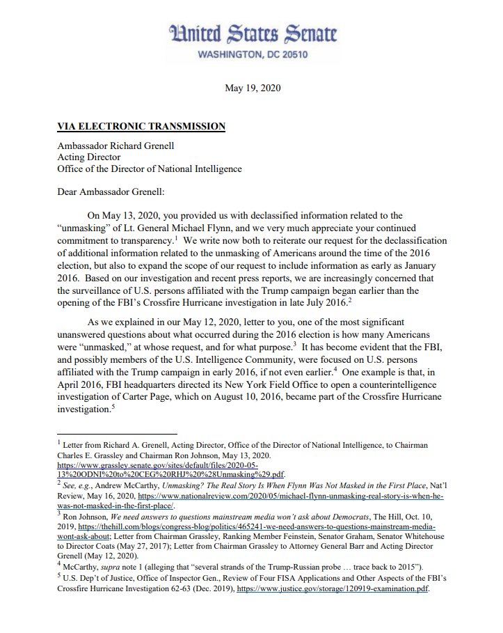 44) Chuck Grassley and Ron Johnson requested Rick Grenell declassify more documents showing unmasking requests made by the Obama administration going back to January of 2016.  https://www.grassley.senate.gov/sites/default/files/documents/2020-05-19%20RHJ%20CEG%20Letter%20to%20ODNI%20%28Unmaskings%20Follow%20up%29.pdf