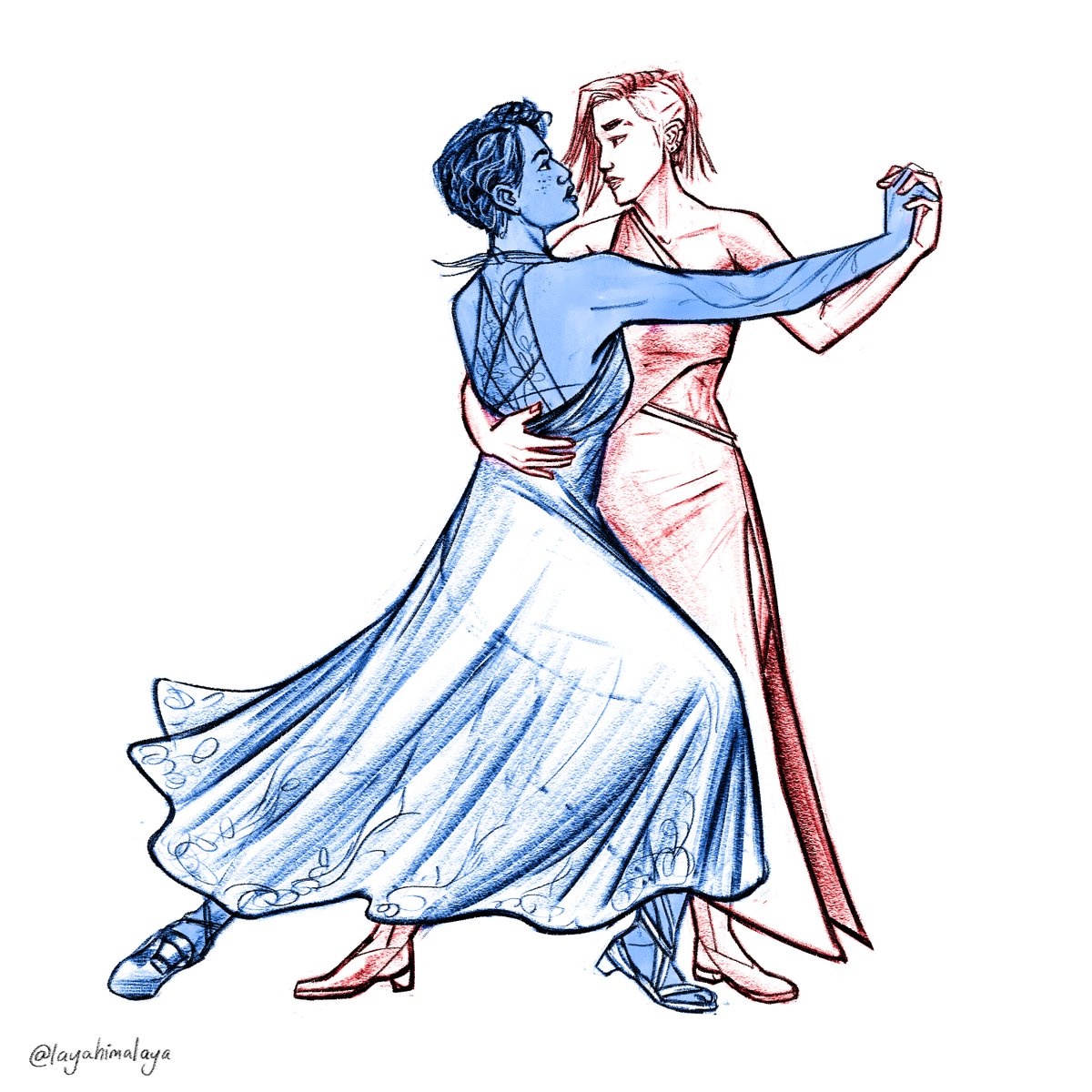 sketch of Red and Blue dancing, each character tinted with their colour. Red is leading, with an arm around blue's waist and they are looking into each other's eyes.
