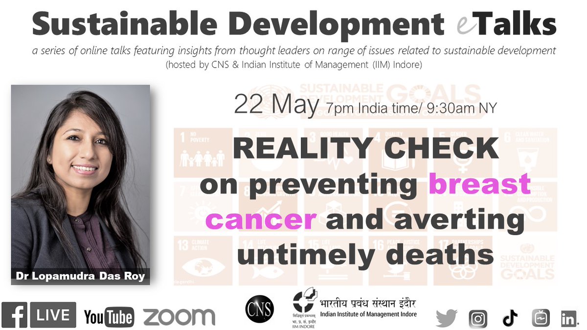 cns_health's tweet photo. Join us on 22nd May, 7pm India (9:30am NY) in #SDGtalks with Dr Lopamudra Das Roy of @BreastCancerHub who did original research work on discovering signaling pathway between #breastcancer metastasis &amp; #Arthritis

https://t.co/4oTNqUrZfP

#cancer #beatcancer #enoughNCDs #beatNCDs https://t.co/W1k72VHdxq