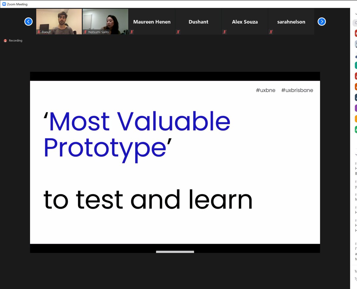 cookeitup's tweet photo. Learn quickly so that you can create the 'most valuable prototype - very true. #uxbne #uxbrisbane #zoommeeting #meetup #ui #ux #prototyping https://t.co/TBRbx5UiTo