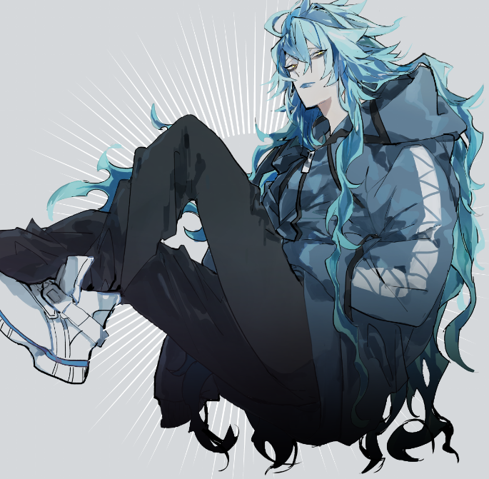 long hair 1boy male focus solo blue hair pants black pants  illustration images