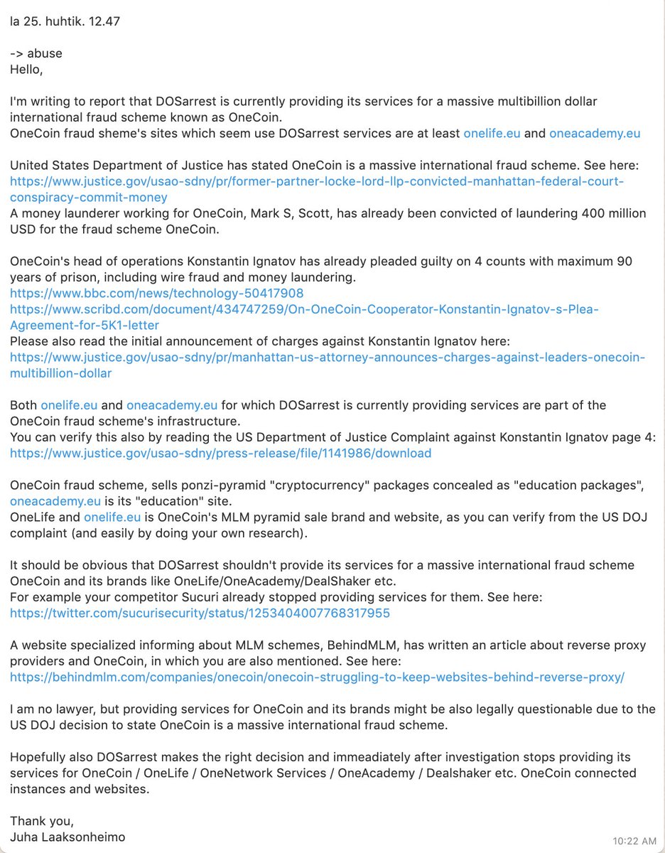 ATTN:  #AllCryptoMedia:  @dosarrest DOSarrest CONTINUES to provide its services for a massive multibillion euro international fraud scheme known as  #OneCoin.OneCoin fraud sites which appear 2B using DOSarrest services are: http://onelife.eu  and  http://oneacademy.eu   https://twitter.com/JenMcAdamUK/status/1261001941603287041