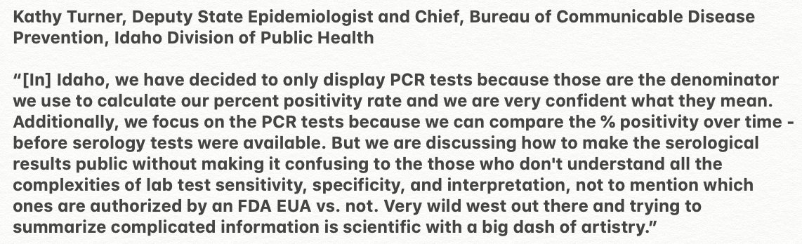 Why is this failure so bad? No outside public health expert that we've talked to thinks it is a good idea to mix these tests. Here's what Kathryn Turner, the deputy state epidemiologist for Idaho, told me about why *her* state isn't including antibody tests.