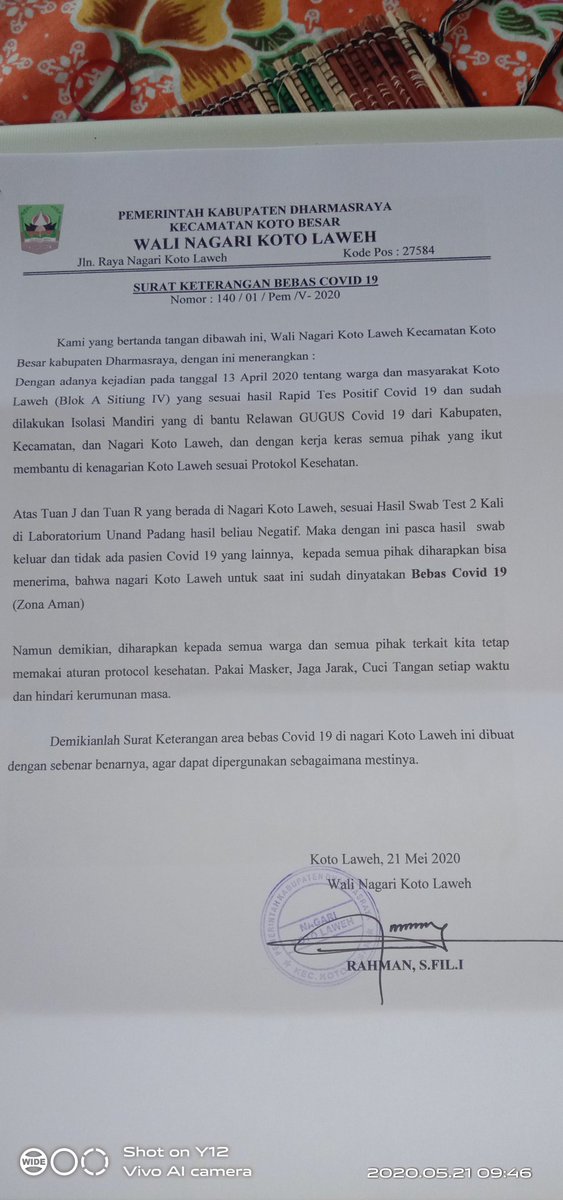 Y12Rahman's tweet photo. Keterangan Wali Nagari Koto Laweh Kecamatan Koto Besar Kabupaten Dharmasraya Provinsi Sumatera Barat, Supaya Masyarakat Aman,Nyaman dan lebih Waspada. 21/5/2020. Salam Sehat dari Kami Wali Nagari. https://t.co/Pzwp48Q0GV