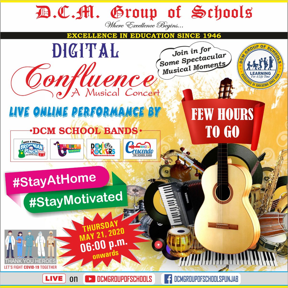 DCMPresidency's tweet photo. Few hours to go.....
Countdown has started !!
"THE DIGITAL CONFLUENCE"
Watch us live on Youtube & Facebook today at 6:00 pm.
https://t.co/uYFzcZdet8
#musicalconcert #confluence2020 #excitement #mostawaited
@dcmschools @dcm_dcmi @DcmAmbala @RajniKalra16 https://t.co/wOa1eQFPv6