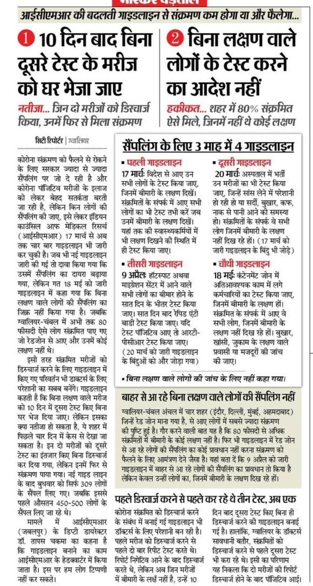 GwaliorHello's tweet photo. ये कैसी गाइडलाइंस है? ग्वालियर में  2 डिस्चार्ज मरीज रिपीट पोसिटिव आ चुके है। 
हैलो ग्वालियर ने कल भी उठाया था यह मुद्दा।
साभार - दैनिक भास्कर 
@MoHFW_INDIA @GwaliorComm @ICMRDELHI @healthminmp @CMMadhyaPradesh @dmgwalior @ChouhanShivraj @PMOIndia @drnarottammisra @narendramodi https://t.co/0lu2XMaJT4