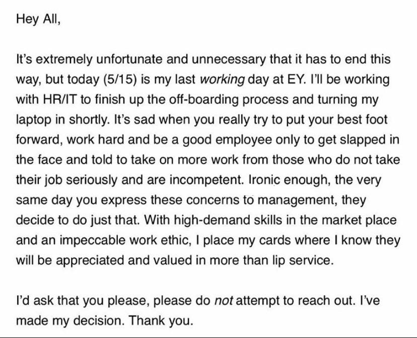 PlugInFUD's tweet photo. Can't believe i haven't already seen this on Twitter smh. Hall of fame quitting email from an EY staff 2 #accountingisfun https://t.co/OeHqnykIVx