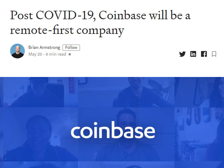 ICODrops's tweet photo. After the restrictions of quarantine are over, @coinbase will embrace being “remote-first,” meaning Coinbase will offer the option to work in an office or remotely for the vast majority of roles.

https://t.co/sMktcBOAsh https://t.co/OjTtAwbpjz
