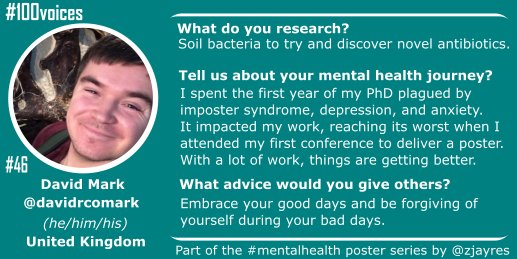 #46. David Mark ( @DavidRcoMark) talks about being plagued with impostor syndrome, depression and anxiety during the first year of his PhD, with his feelings reaching their worst when he attended a scientific conference to present his work. #100voices  #AcademicChatter