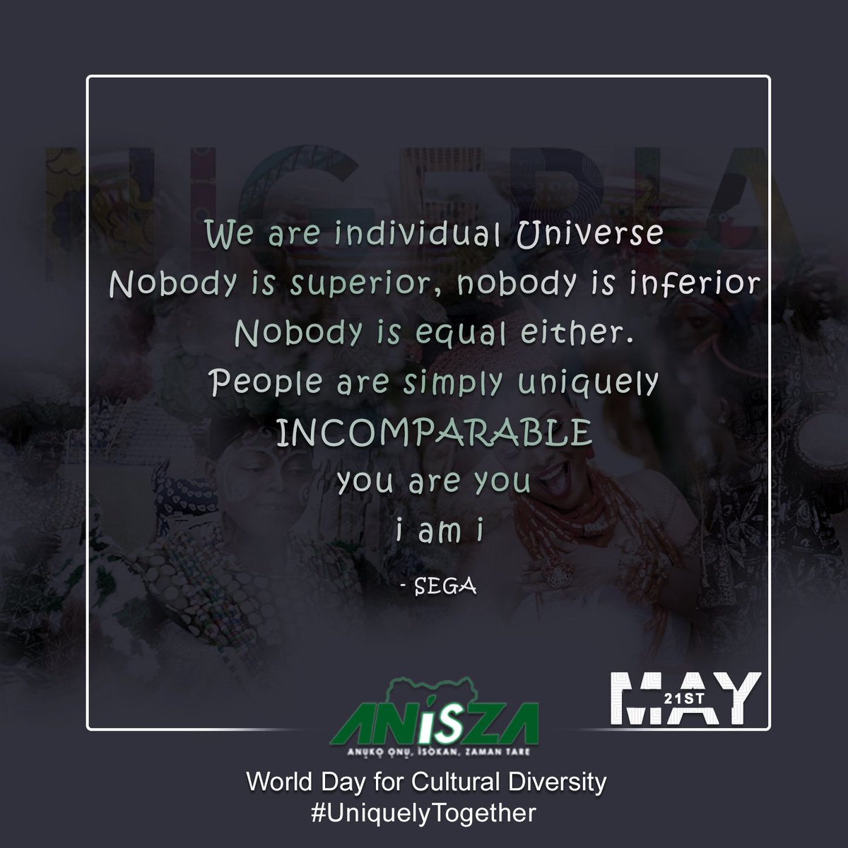Mediablaze_CS's tweet photo. #UniquelyTogether
#CulturalDiversity 
ANiSZA... 
Quote: @segalink 
Design: your's truly @Mediablaze_CS https://t.co/thdOm2vicU