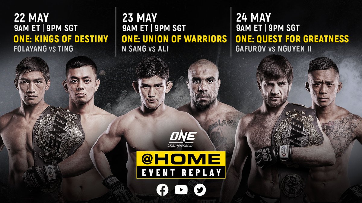 ONEChampionship's tweet photo. We've got not βοΈ, not βοΈ, but THREE epic Event Replays coming your way this weekend! Which one are you looking forward to most? #ONEAtHome #StayHome #WeAreONE #ONEChampionship https://t.co/81DbZK8rgl