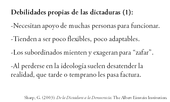 Ya hablamos de limitar las fuentes de poder de una dictadura y de fortalecer los espacios democráticos. ¿Qué sigue? CONOCER Y EXPLOTAR LAS DEBILIDADES DEL ADVERSARIO.¿Cuáles son las debilidades más comunes de una dictadura? Veamos algunas: