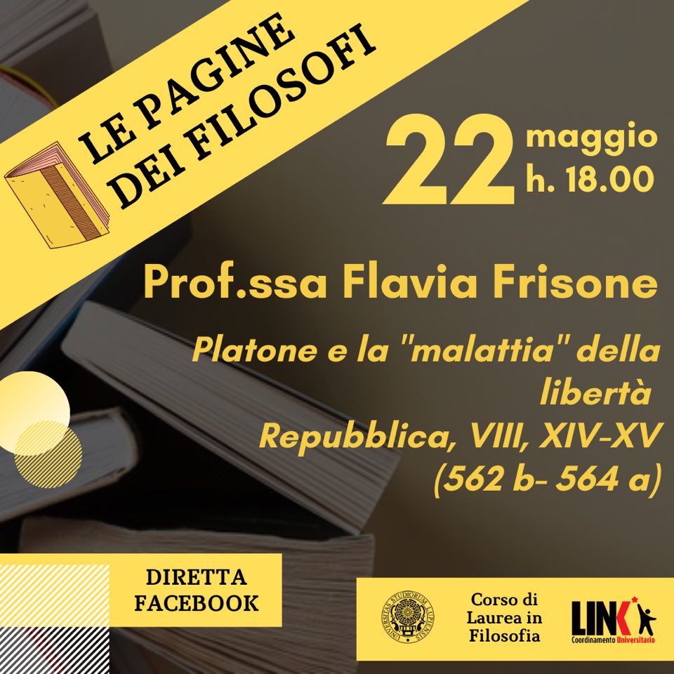 FlaviaFrisone's tweet image. 🤔 Com’è che «… dalla massima libertà viene la maggiore e più feroce forma di schiavitù»?

🖥 Diretta su Facebook

Pagine dei filosofi è la rassegna di appuntamenti online organizzata dal Corso di Laurea in #Filosofia #UniSalento  

#platone #storiagreca #philosophy #FakeNews