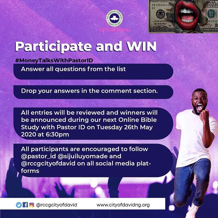 RCCGCityofDavid's tweet photo. Participate in our Campaign and win amazing prizes! 🎁🎁🎁 See displayed photos for more details on how to participate. Winners will be announced from 6:30pm on Tuesday, May 26, 2020 during the Special Online Bible study with @PastorID 

#MoneyTalksWithPastorID 
#DiggingForGold https://t.co/8mG8inbEJm