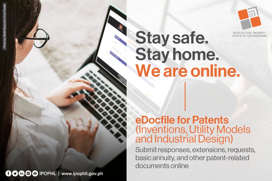 IPOPHL's tweet photo. Good News! The eDocFile for Patents (Inventions, Utility Models, and Industrial Design) is now available! You can easily submit your patent-related documents anytime, anywhere without going to the #IPOPHL office.
#StaySafe & #AvoidTheQueue. Try it here: https://t.co/qUAVdMWePK https://t.co/RQASbS908G
