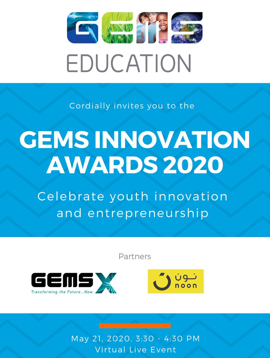 Join our virtual GEMS #Innovation Awards 2020 event where we recognise the 200 students shortlisted for the various GEMS Youth Challenges and announce their winners🏆
The event is open to all – staff, students, families and industry partners! Event Link: tinyurl.com/GEMSIA2020