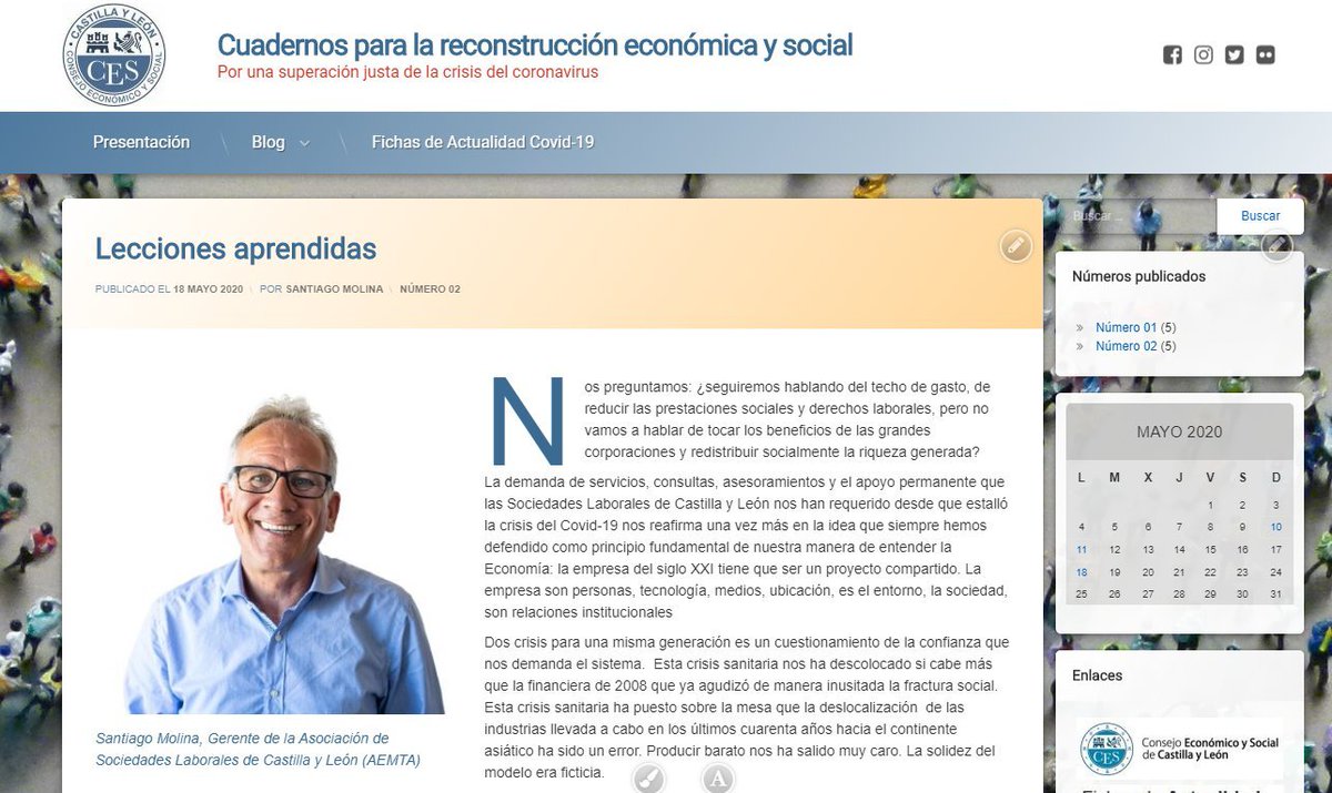 📰"Lecciones aprendidas" #COVID19

✍️Santiago Molina, Gerente de la Asociación de Sociedades Laborales de Castilla y León <a href="/aemtacyl/">Aemta</a>

🔴Nº 2 BLOG <a href="/cescyl/">CES Castilla y León</a> "Cuadernos para la reconstrucción económica y social"

➡️BLOG cres.cescyl.es/lecciones-apre…