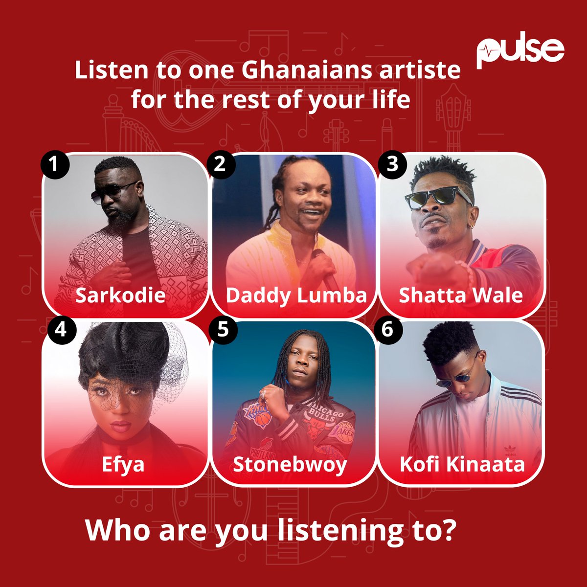 PulseGhana's tweet image. You are to listen to one of them for the rest of your life, who you got? 🤔

#PulseGhana #PulseTeaser #PulseInfographs #Music
