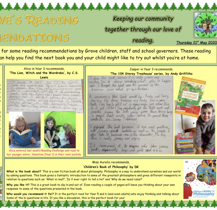 AliceleeFox's tweet photo. The Grove School’s Reading Recommendation Leaflet (Issue 3). Keeping parents, staff and children in contact through reading #readingcommunity #RfP #readingforpleasure @OpenUni_RfP @TeresaCremin @HertsEnglish @HertsLearning @GalwayMr @CamEdFac https://t.co/1I6bn2RAHy