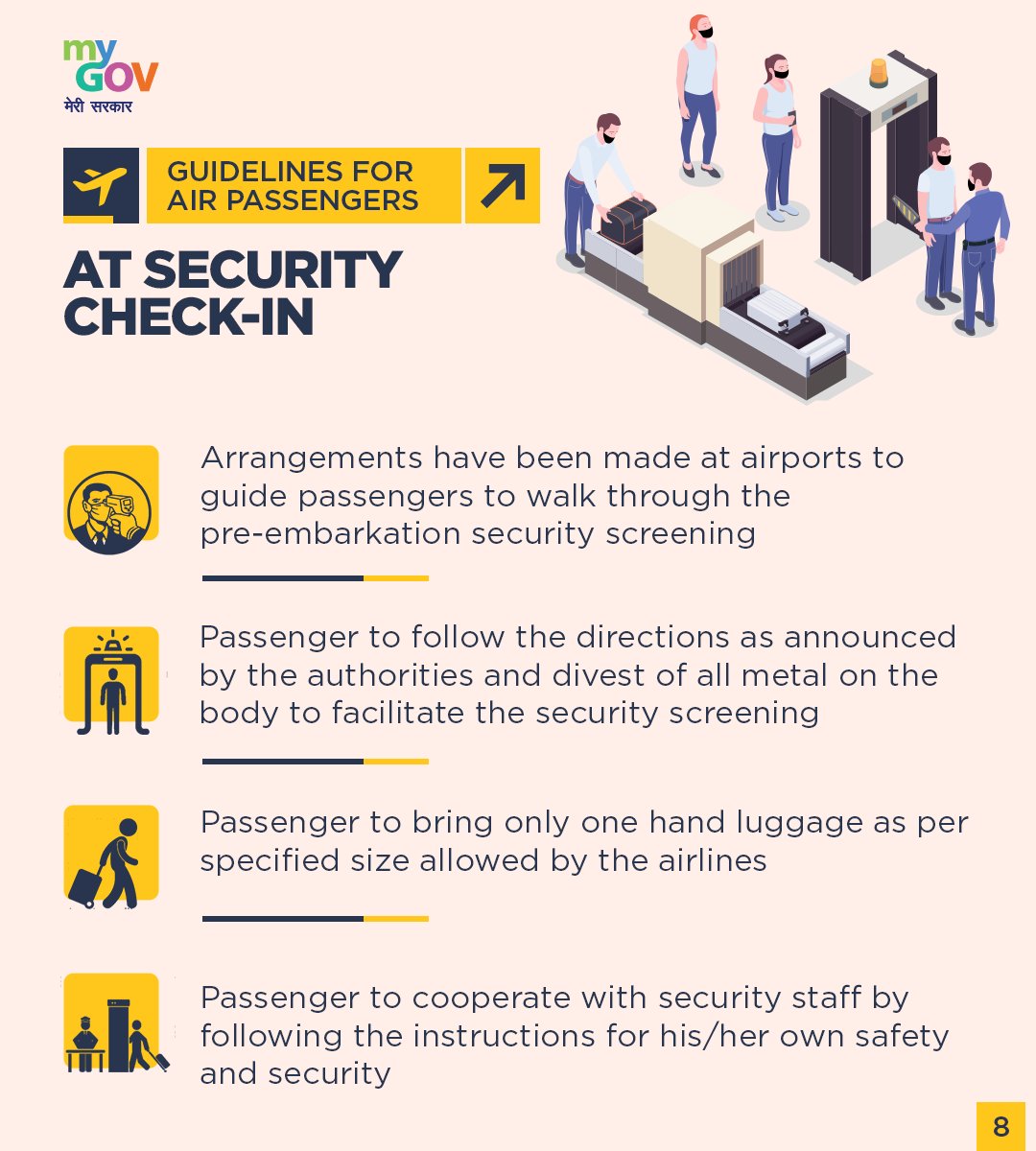 Passengers travelling by Air should follow these directions at Security Check-in.  #IndiaFightsCorona
