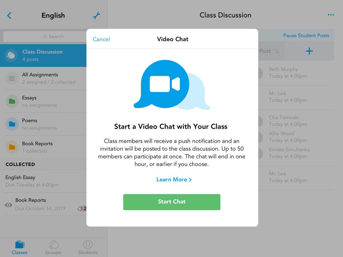 Showbie's tweet photo. 🎉We are delighted to announce our partnership with @whereby to bring LIVE VIDEO to @showbie! 🎉

Video Chat will soon be available within Class Discussion, Groups and Assignments. 

More information will follow over the coming days, however, here is a sneak peek: https://t.co/u385bBFpJD