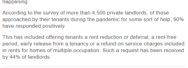 Worth breaking down this figure about 90% of private landlords supporting tenants during the pandemic a little.It's important because the post-evictions ban phase of the government's plan essentially relies on landlords' willingness to support tenants in difficulty