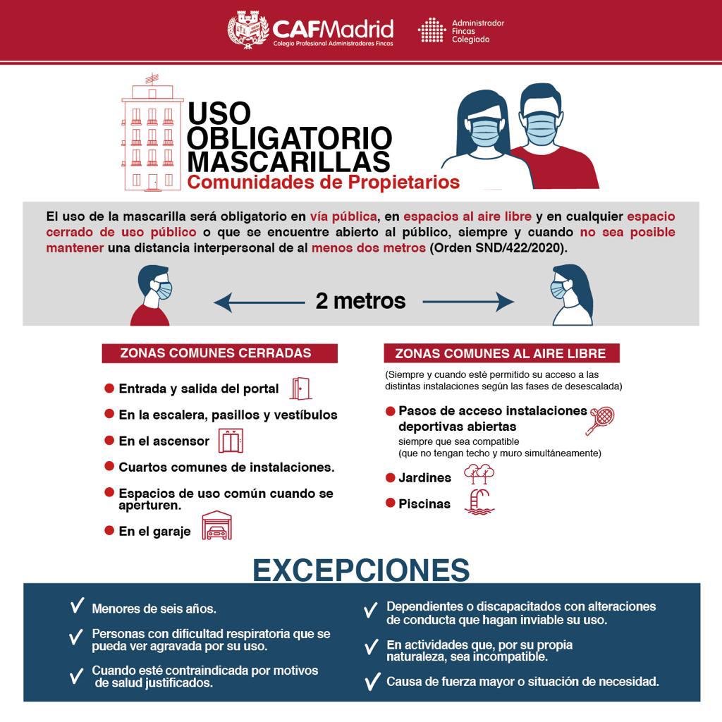 No olvides ponerte la mascarilla desde que sales de tu vivienda. Cualquier encuentro fortuito dentro del edificio puede poner en riesgo la distancia de seguridad de dos metros #MascarillasObligatorias