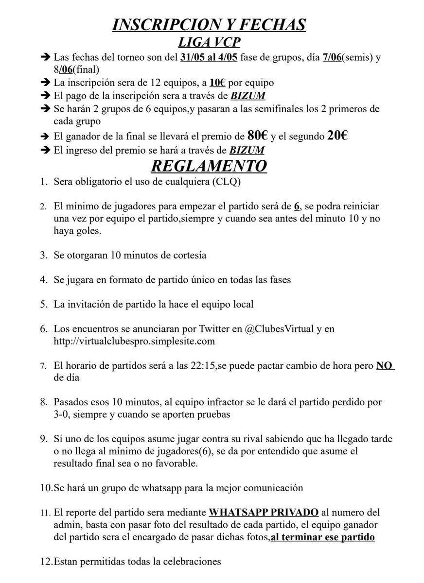 ClubesVirtual's tweet image. 🚨ABRIMOS INSCRIPCIONES🚨
12 equipos 2 grupos
💰PREMIO🥇80€🥈20€
➡️10€ inscripcion
Aqui tenéis fechas, reglamento y como va a funcionar la liga
Qualquier duda MD📩