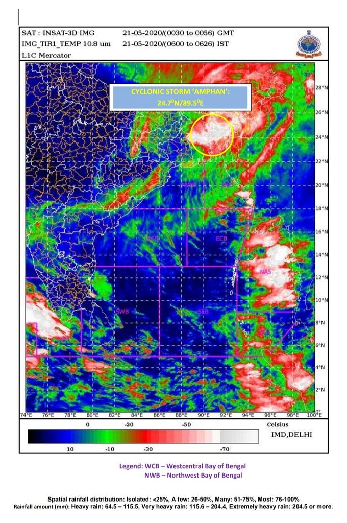 ndmaindia's tweet image. #CycloneAmphanUpdate

As of 0830 hrs as of today, 21st May 2020, Super Cyclonic Storm ‘AMPHAN’ (pronounced as UM-PUN) lay as a #CyclonicStorm
over #Bangladesh

#CycloneAmphan 

Source :: @IMDWeather