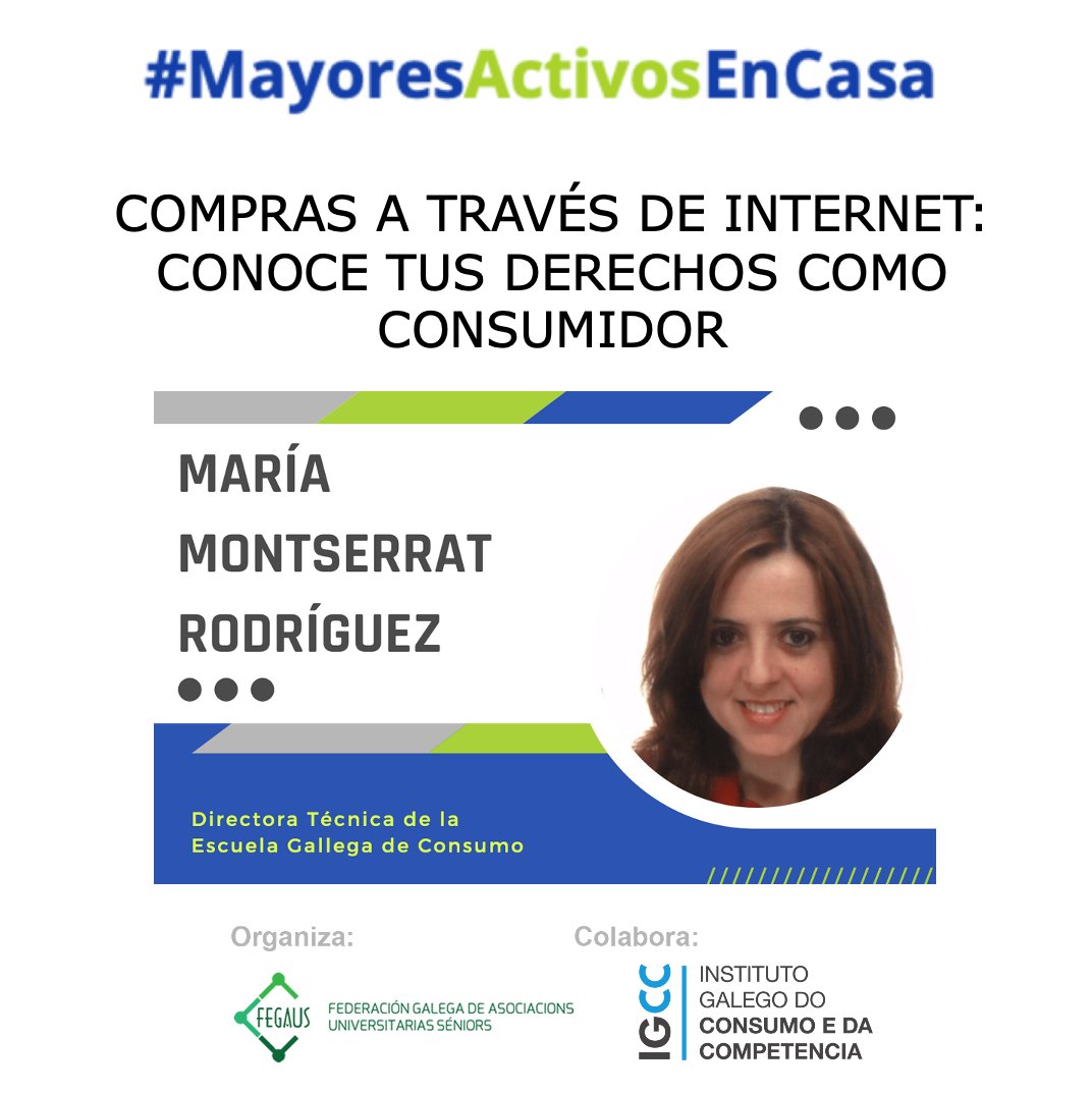 canalsenior's tweet photo. Jueves 21 de mayo, 10:30 h, charla online #gratis "Compras a través de Internet: conoce tus derechos como consumidor".
Inscríbete #gratis en: https://t.co/O8QXHQsjD2
#ConsumoSénior @escolagalegaconsumo #Fegaus https://t.co/r3SkNxjNSp