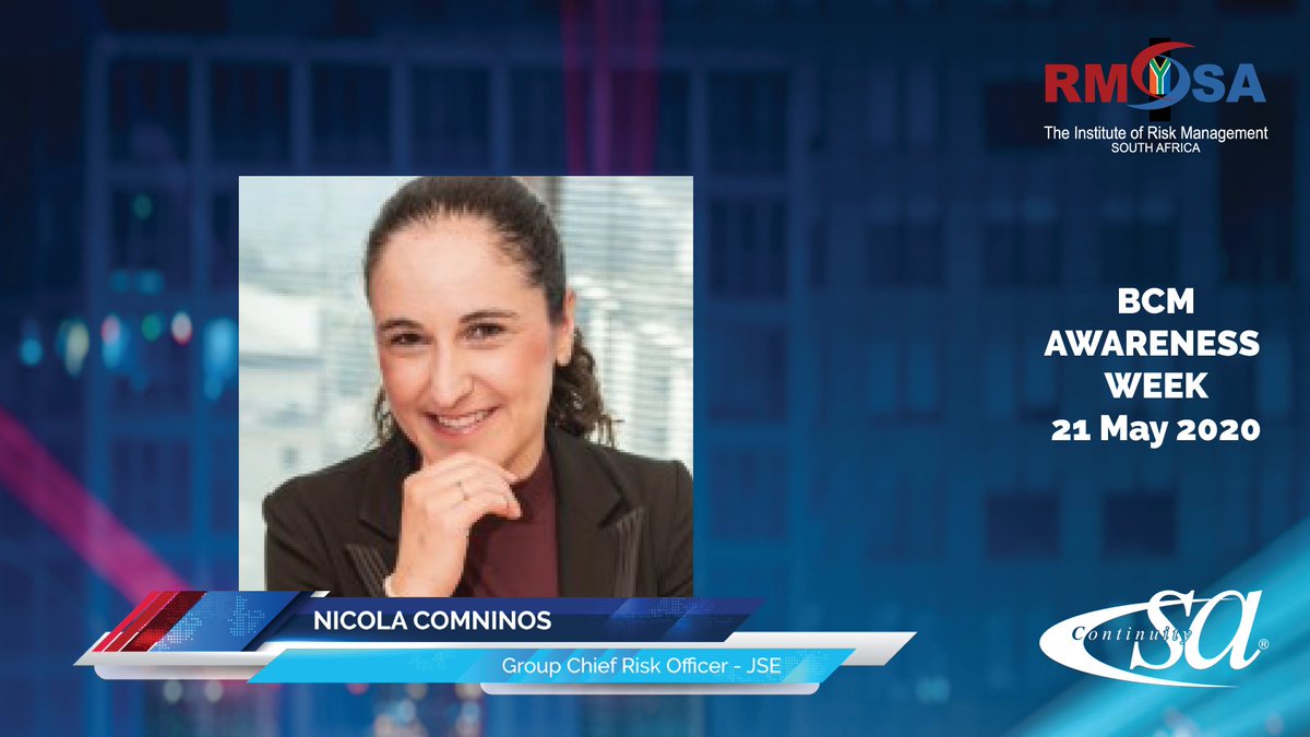 IRMSAInsight's tweet photo. Nicola Comninos, Group Chief Risk Officer from @JSE_Group talks to us about the resilience that they took at the stock exchange.
#LIVEwithIRMSA #businesscontinuityweek #continuitySA #BCAW2020 https://t.co/idP0UgTdhI