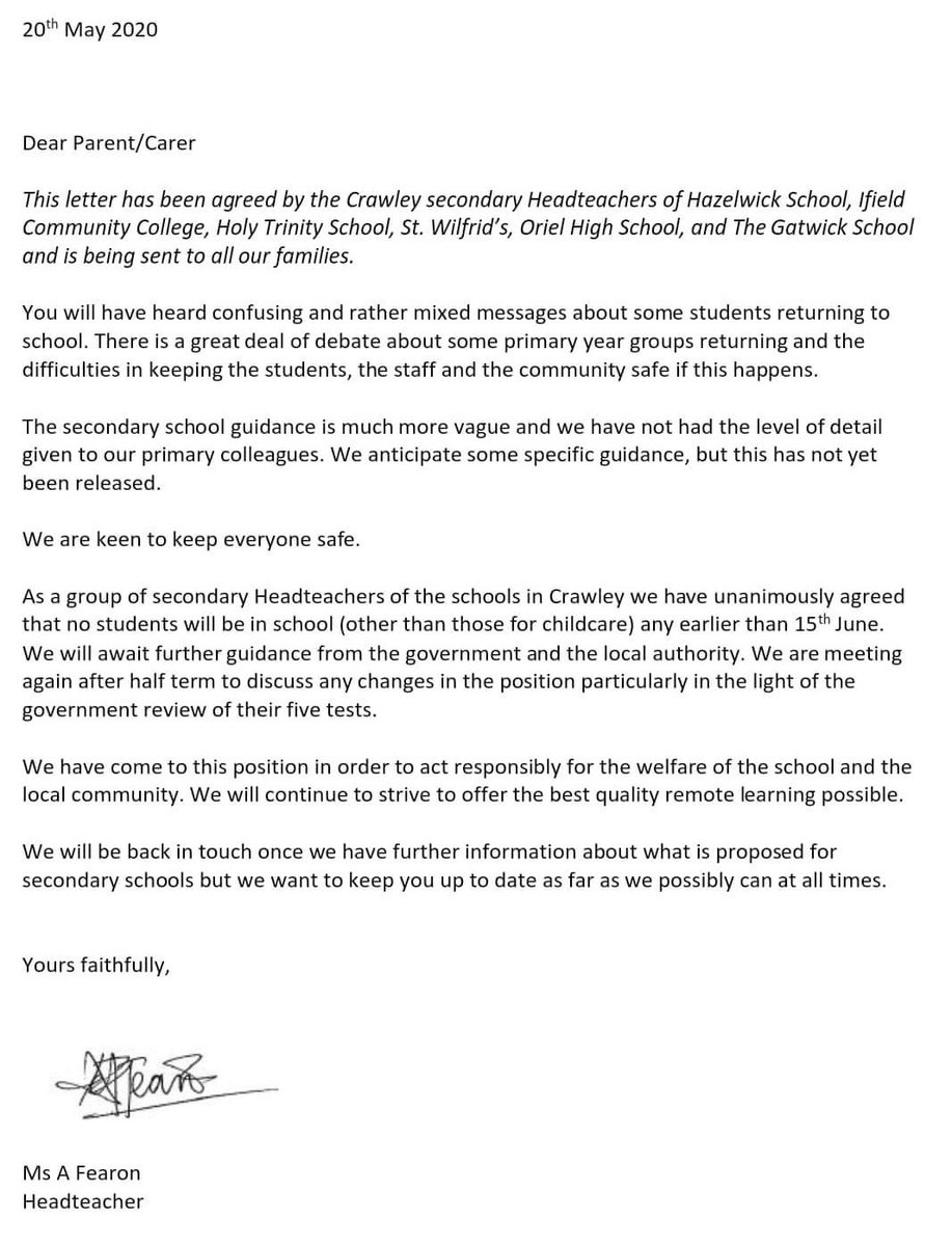 A group of Headteachers of all but one secondary in Crawley, West Sussex, have written to parents to say that they will not begin to re-open to more students until 15th June at the earliest “in order to act responsibly for the welfare of the school and the local community”. 👏