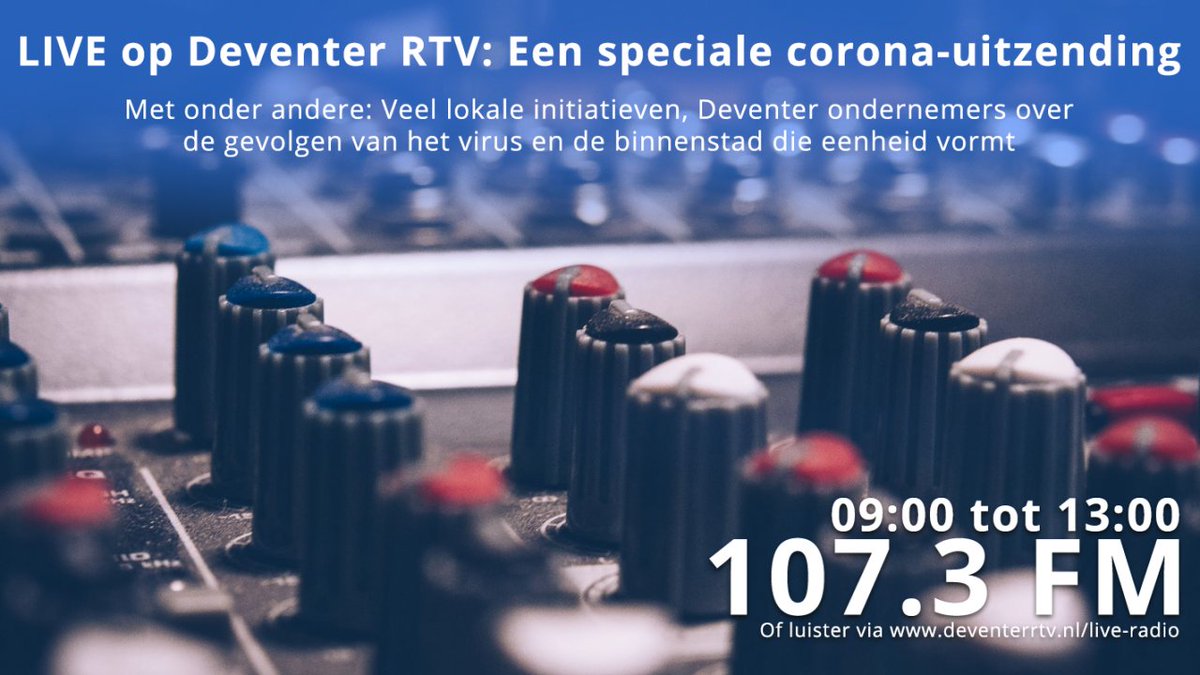 📢| Morgenochtend zendt Drtv weer een radio-uitzending met het laatste Corona nieuws in Deventer? Wat is de huidige stand van zaken? 

De gasten! 👇
🎙️Bart Wijnands (Fysiofiets)
🎙️ Loes Bloo (@Sallcon) 
🎙️ Koos Janssen (Standstrand) 
🎙️ Marianne Letz (<a href="/UWVnl/">UWV</a>)
🎙️ <a href="/ThomasWalderD66/">Thomas Walder</a>