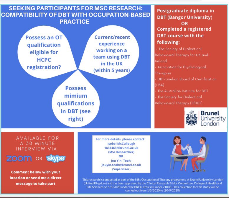 izzy1katherine's tweet photo. Seeking research participants for my dissertation project on Dialectical behavioural therapy and occupation-based practice.                                Are you an OT trained in DBT?  Please check below! https://t.co/DHbEIJdVaf