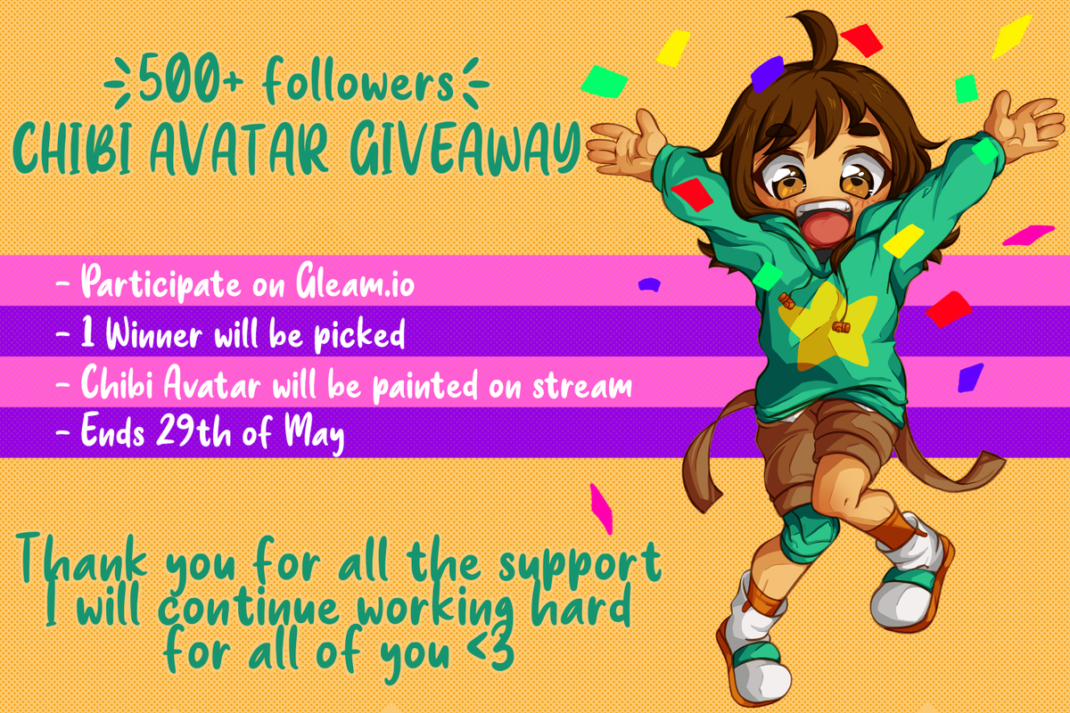 AuteruTori's tweet photo. ○ 500+ Follower Giveaway ○

♥ 1 Winner will be picked!
♥ Bust Up Chibi Avatar

♪ Rules:
• Must be following me on Twitter + Twitch
• Retweet this tweet 
• Click here to Participate: https://t.co/kA5s5LQWkN

♥ Ends on may 29th ♥

#twitch #giveaway #art #cute #anime https://t.co/OZVu1MI4cK