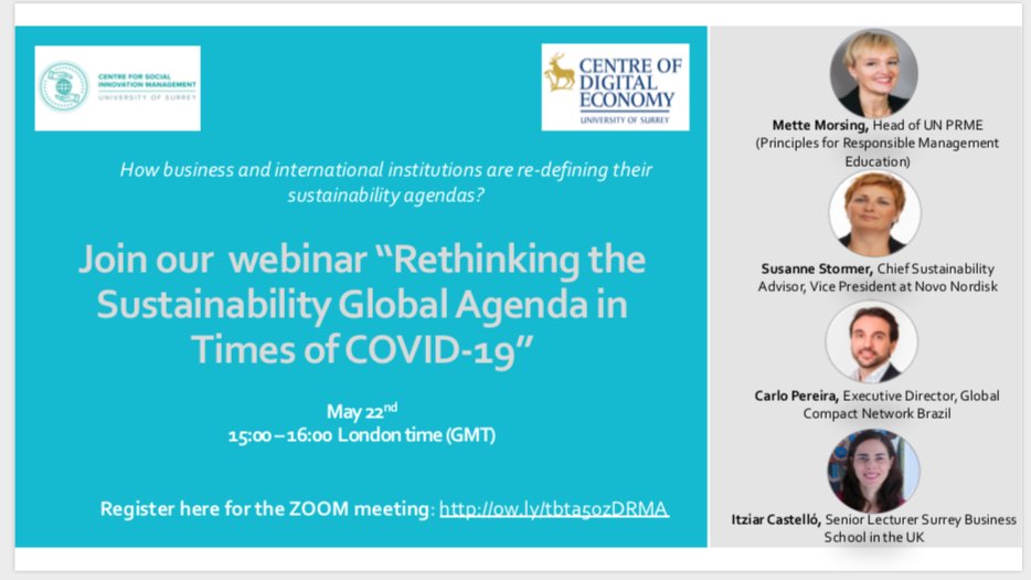 🔸Webinar: Rethinking the #Sustainability Global Agenda in Times of #COVID-19 by <a href="/sbsatsurrey/">SurreyBusinessSchool</a> with <a href="/ItziarCA/">Itziar Castello</a> <a href="/CarloLink/">Carlo L Pereira</a>, <a href="/Mette_Morsing/">Mette Morsing</a>, @SusStormer, <a href="/MatosStelvia/">Stelvia Matos</a>

📆May 22nd at 15:00–16:00 (GMT) 

Register here: esade.me/2AIjdCk